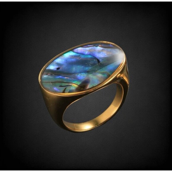 NEW Statement Cocktail Ring Sz.7 18K Gold Plated Oval Abalone Shell Iridescent - Picture 6 of 10